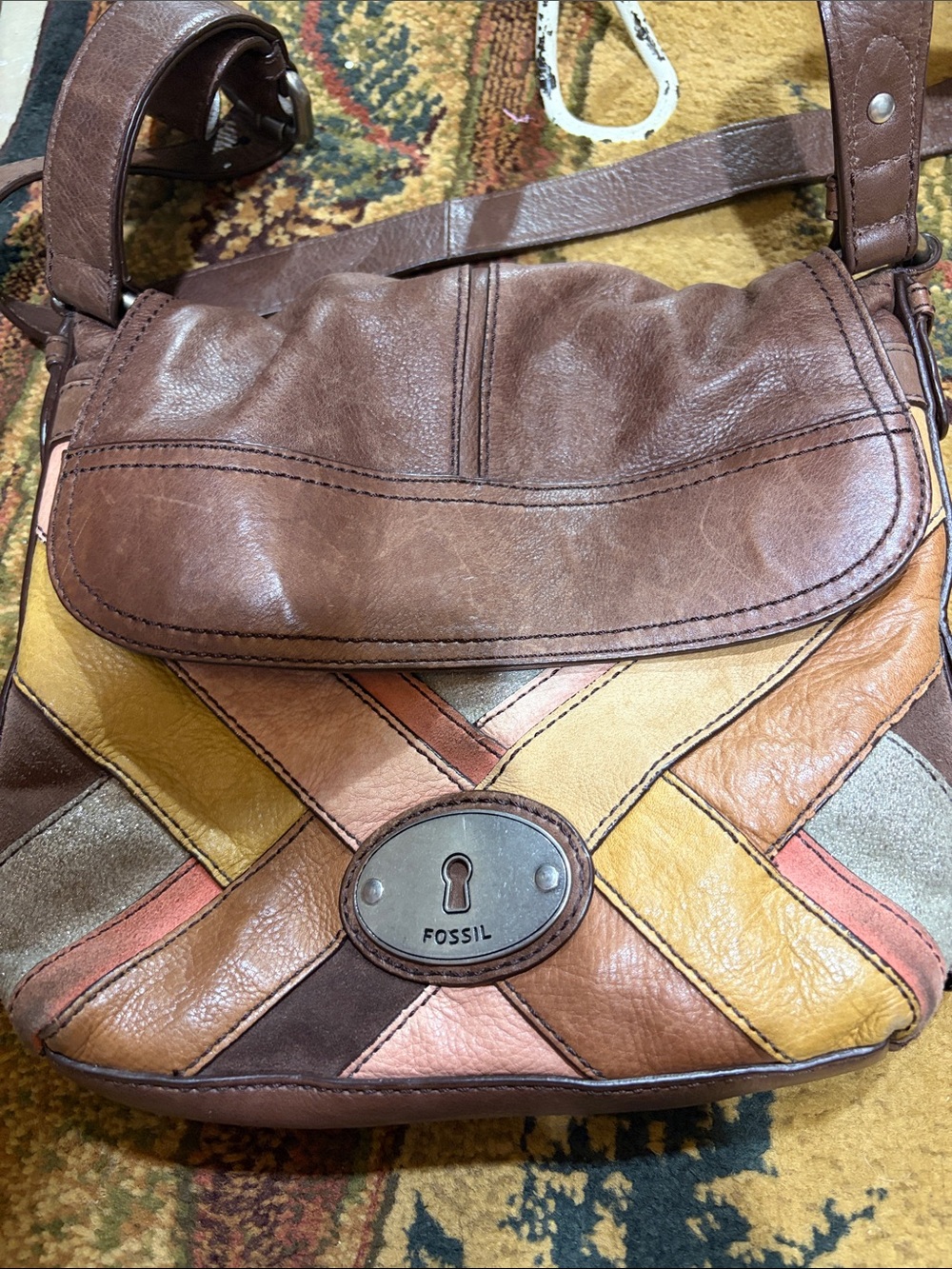 Fossil Brown Patchwork Leather Crossbody with Yellow and Pink Accents